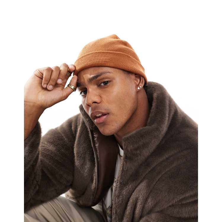 tobacco beanie ASOS DESIGN mini fisherman ribbed beanie in tobacco brown