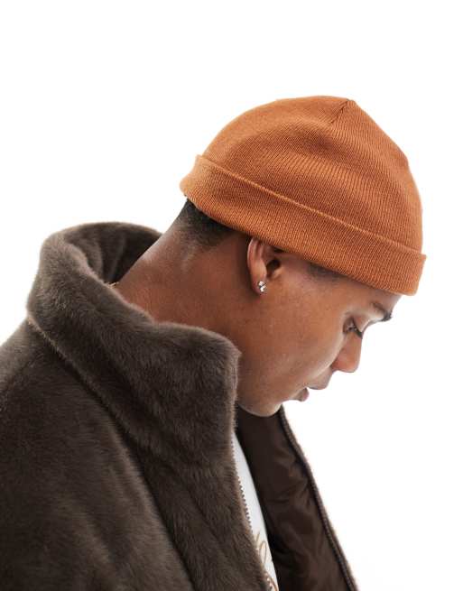ASOS DESIGN mini fisherman ribbed beanie in tobacco brown, 3 of 4