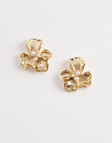 ASOS DESIGN mini flower stud earrings with faux pearl centers in gold tone - view 1