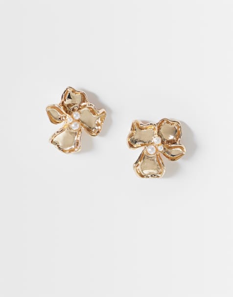 ASOS DESIGN mini flower stud earrings with faux pearl centre in gold tone - GOLD - view 1