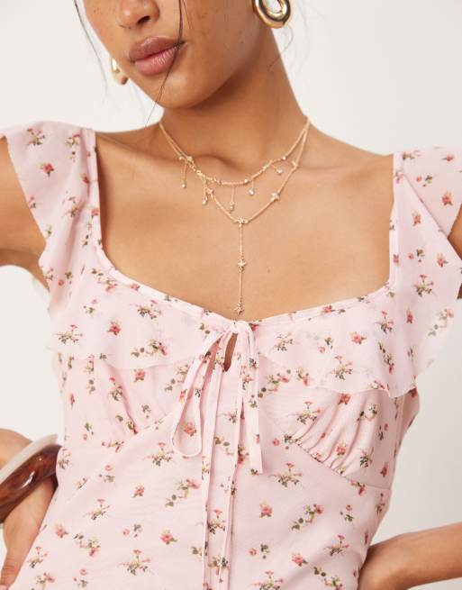 ASOS DESIGN – Mini-Freizeitkleid aus Netzstoff in Rosa mit Blümchenmuster und Rüschenträgern, 2 von 4