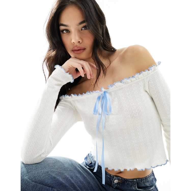 Off shoulder frill trim discount bow front shirred milkmaid top