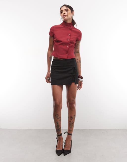 ASOS DESIGN mini funnel neck tailored top in red, 2 of 4