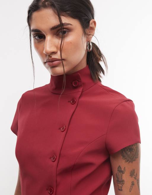 ASOS DESIGN mini funnel neck tailored top in red, 3 of 4