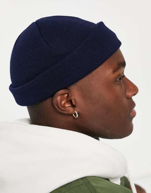 ASOS DESIGN - Mini geribbelde vissersbeanie in marineblauw