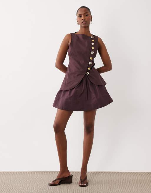 ASOS DESIGN - Mini giletjurk van linnenmix met rok van popeline in chocoladebruin, 2 van 4