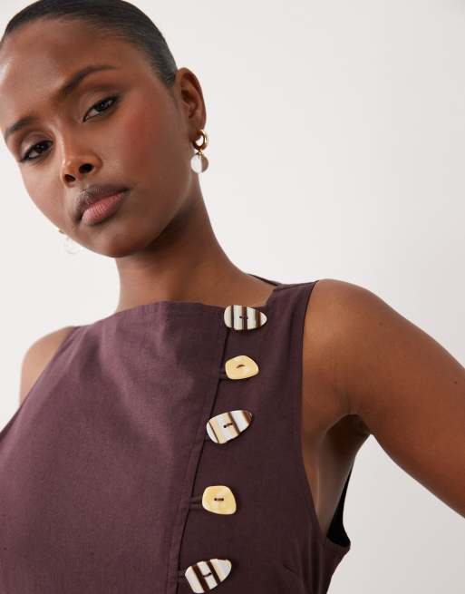 ASOS DESIGN - Mini giletjurk van linnenmix met rok van popeline in chocoladebruin, 3 van 4