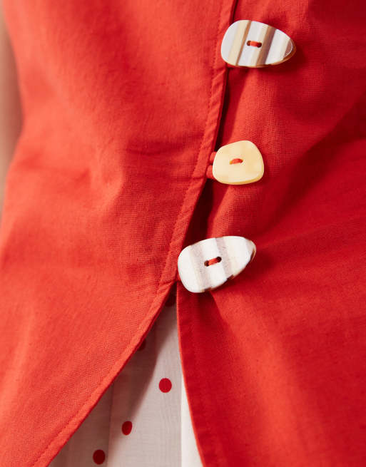ASOS DESIGN - Mini giletjurk van linnenmix met rok van poplin in rood met stippen, 2 van 4