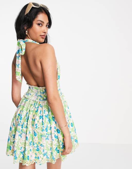 ASOS DESIGN mini halter skater sundress with embroidery in bright ditsy floral, 2 of 4