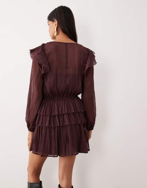 ASOS DESIGN – Mini-Hängerkleid in Maulbeerrot mit V-Ausschnitt und Rüschen, 3 von 4