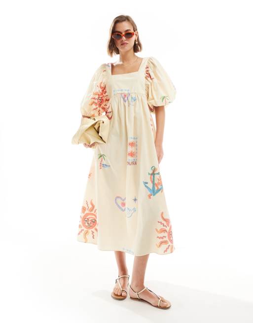 ASOS DESIGN – Mini-Hängerkleid mit Allover-Print, Puffärmeln und Taschen