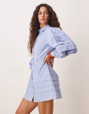 ASOS DESIGN - Mini-Hemdblusenkleid in Blau mit Streifen und Biesen-Bunt