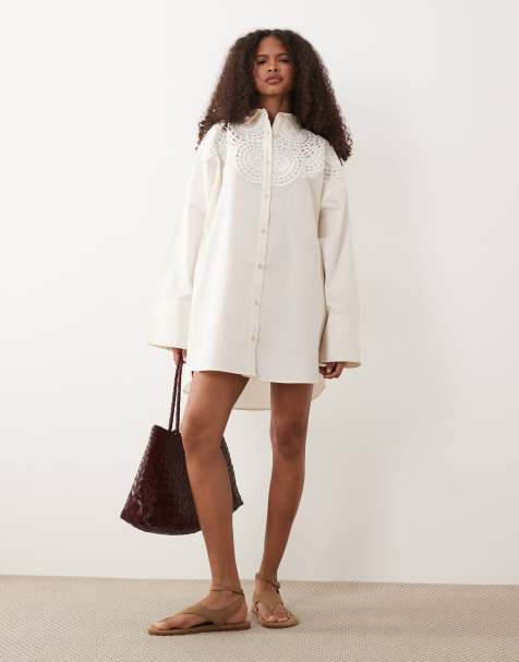 ASOS DESIGN – Mini-Hemdblusenkleid in Cremeweiß mit Häkeldetail - view 1