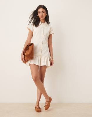 ASOS DESIGN - Mini-Hemdblusenkleid in Cremeweiß mit tiefer Taille