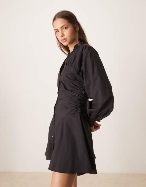 ASOS DESIGN – Mini-Hemdblusenkleid in Schwarz mit gerafften Einsätzen - view 1