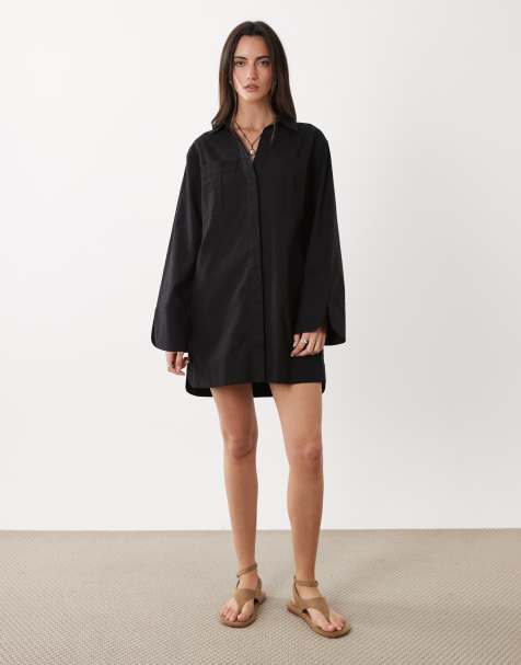 ASOS DESIGN – Mini-Hemdkleid aus Baumwoll-Leinen in Schwarz mit breiten Manschetten und Oversize-Taschen - view 1