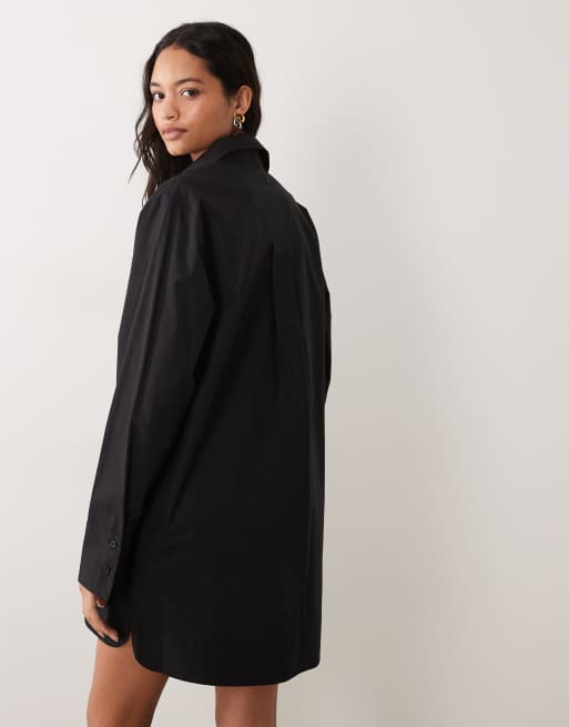 ASOS DESIGN – Mini-Hemdkleid aus Popeline in Schwarz mit breiten Bündchen und Oversize-Taschen, 2 von 4