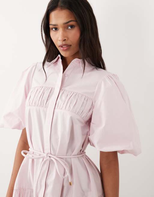ASOS DESIGN – Mini-Hemdkleid in blassem Flieder mit Puffärmeln und Bindedetail, 3 von 4