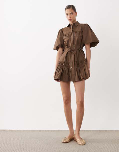 ASOS DESIGN – Mini-Hemdkleid in Schokobraun mit Puffärmeln und Bindedetail - view 1
