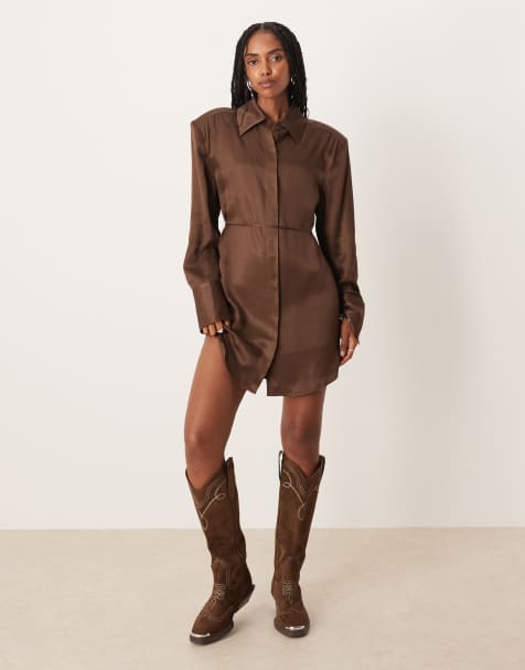ASOS DESIGN – Mini-Hemdkleid in Schokobraun mit Schulterpolster und Bindedetail am Rücken - view 1