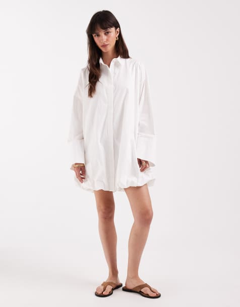 ASOS DESIGN – Mini-Hemdkleid in Weiß mit breiten Manschetten und Ballonsaum - view 1