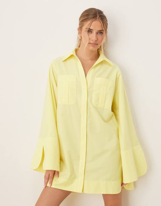 ASOS DESIGN – Mini-Hemdkleid in Zitronengelb mit breiten Bündchen und Oversize-Taschen