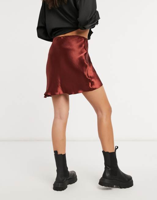 ASOS DESIGN mini high shine satin slip skirt in brown, 2 of 4
