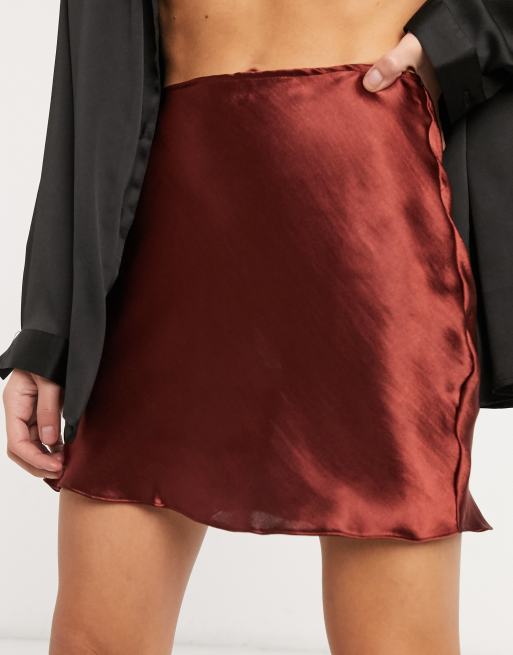 ASOS DESIGN mini high shine satin slip skirt in brown, 3 of 4