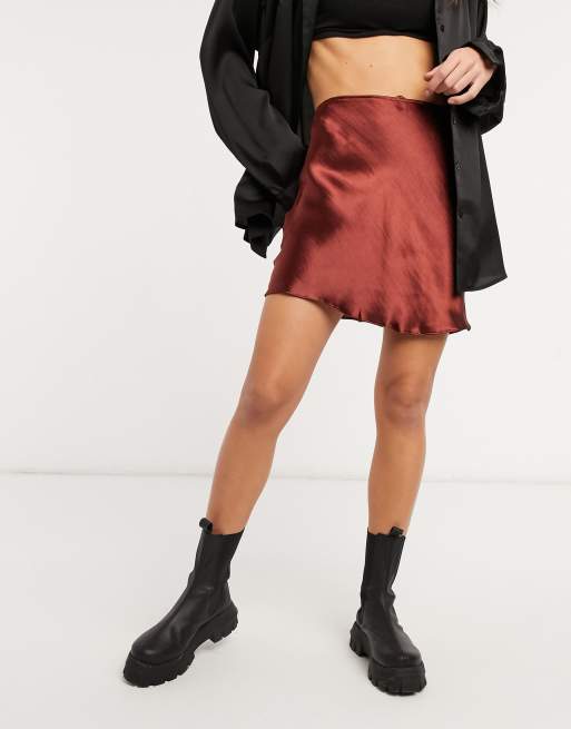 ASOS DESIGN mini high shine satin slip skirt in brown, 4 of 4