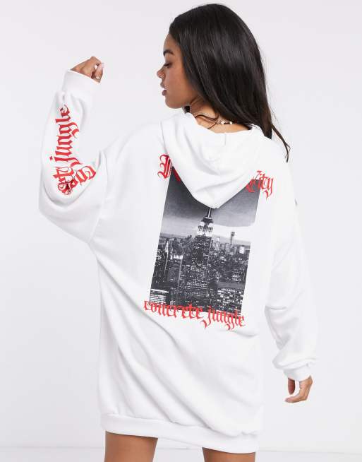 ASOS DESIGN mini hoodie sweat dress in white with red New York typography