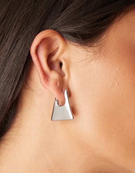 ASOS DESIGN mini hoop earrings with angular design in silver tone - view 1