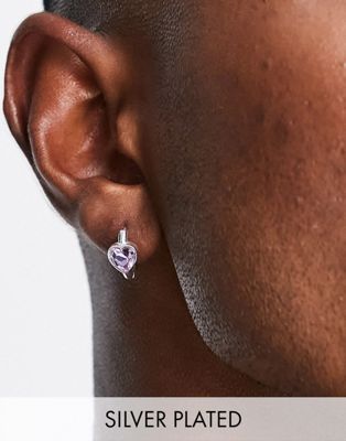 ASOS DESIGN mini hoop earrings with lilac crystal hearts in real silver plate
