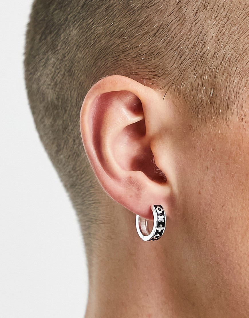 ASOS DESIGN mini hoop earrings with monogram print in black enamel and silver tone