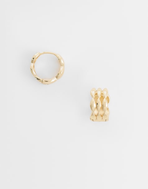 ASOS DESIGN mini hoop earrings with weave design in gold tone - view 1