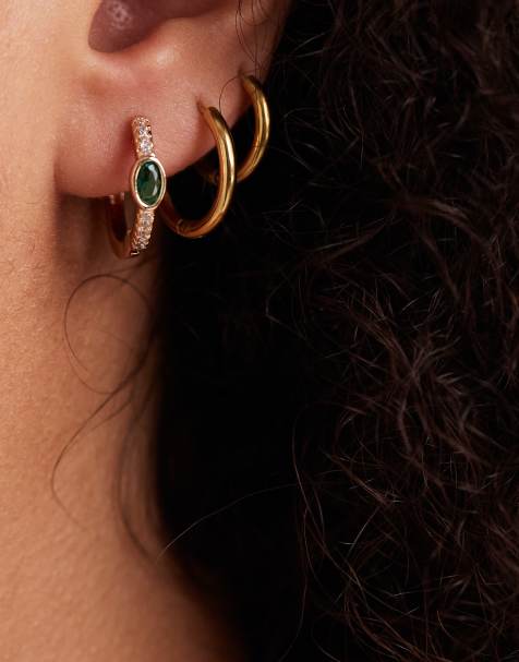 ASOS DESIGN mini huggie hoops with green cubic zirconia crystals in gold tone with gift bag - view 1