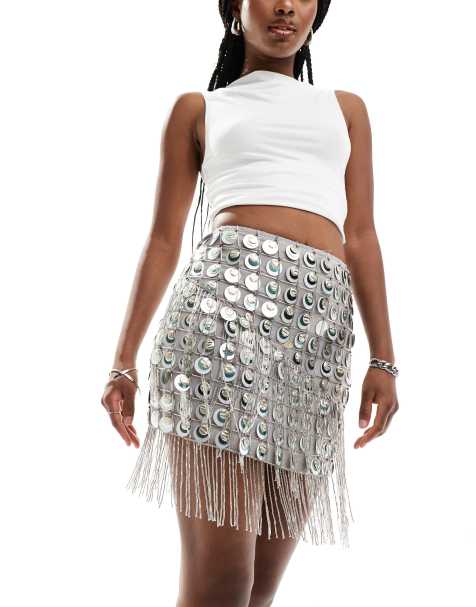 ASOS DESIGN - Mini-jupe à franges ornées de gros sequins - Argenté - view 1
