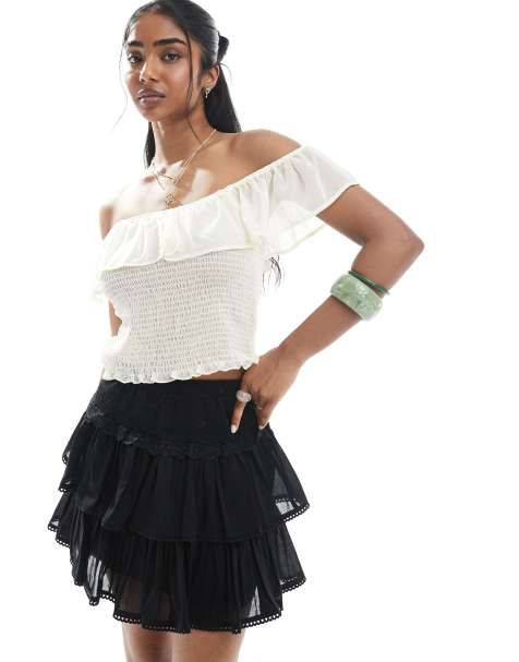 ASOS DESIGN - Mini-jupe à froufrous et détails en dentelle - Noir - view 1