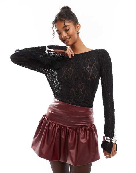 ASOS DESIGN - Mini-jupe bouffante effet mouillé - Bordeaux - view 1