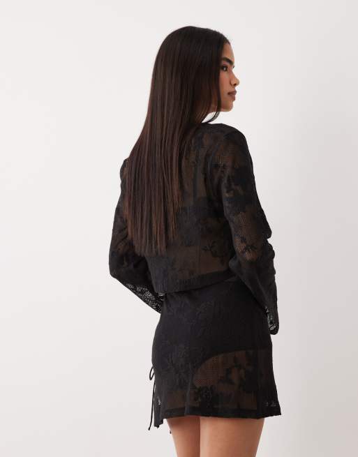 ASOS DESIGN - Mini-jupe de plage en crochet et dentelle transparente avec liens sur les côtés - Noir, 4 de 5
