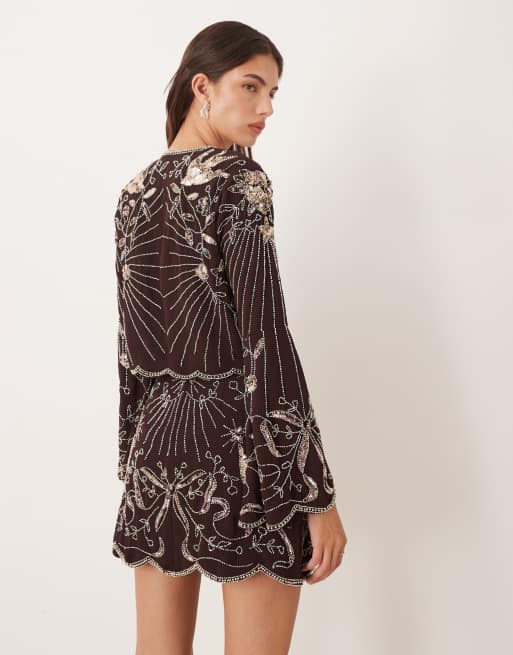 ASOS DESIGN - Mini-jupe d'ensemble à ornements oiseau et nœud - Chocolat, 4 de 5