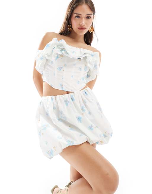 ASOS DESIGN - Mini-jupe d'ensemble à ourlet boule et imprimé fleuri - Bleu et blanc