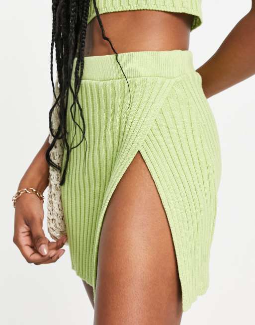 ASOS DESIGN - Mini-jupe d'ensemble en maille côtelée fendue sur le côté - Vert, 3 de 4