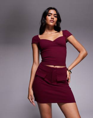 Mini-jupe d'ensemble en maille point de Rome avec poche fantaisie - Bordeaux-Rouge 40