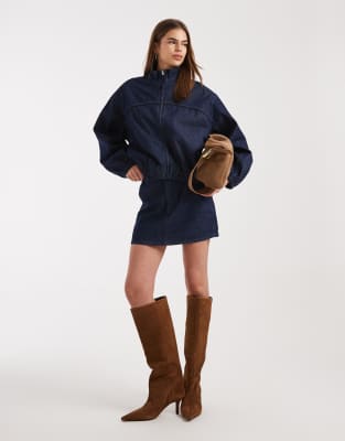 Mini-jupe en jean d'ensemble plissée - Délavé-Bleu marine 46