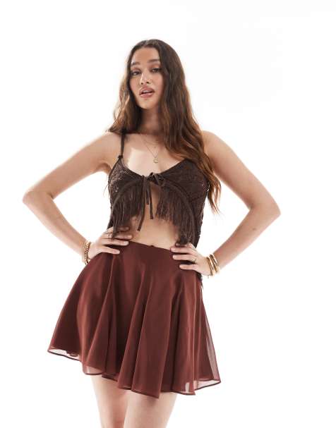 ASOS DESIGN - Mini-jupe fluide en mousseline - Chocolat cerise - view 1