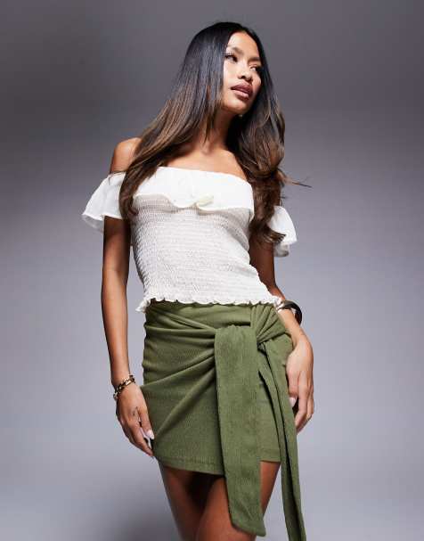 ASOS DESIGN - Mini-jupe froissée et nouée sur le côté - Kaki - view 1