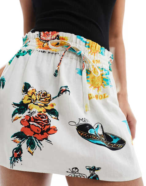 ASOS DESIGN - Mini-jupe nouée à la taille en aspect lin imprimé tropical - view 1