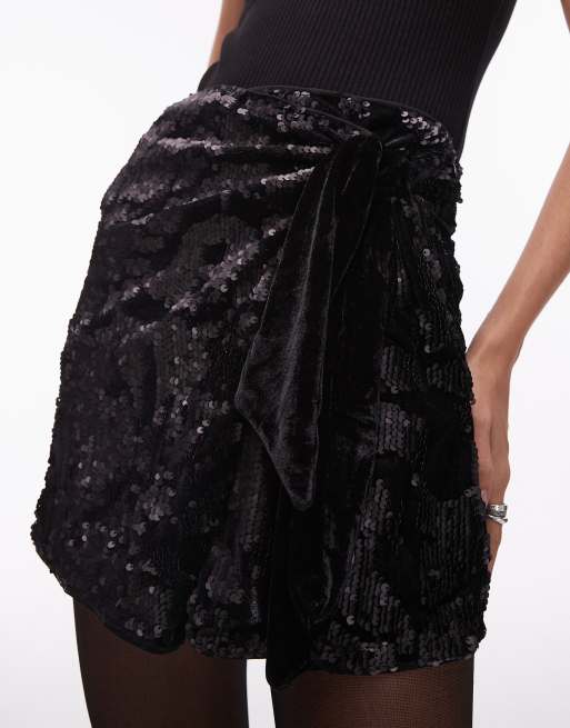 ASOS DESIGN - Mini-jupe nouée sur le côté en velours avec motif fleuri orné de sequins - Noir, 3 de 5