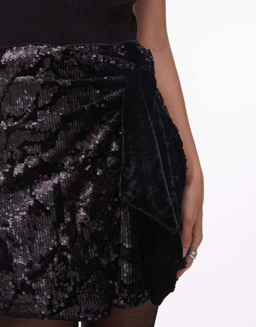 ASOS DESIGN - Mini-jupe nouée sur le côté en velours avec motif fleuri orné de sequins - Noir, 5 de 5
