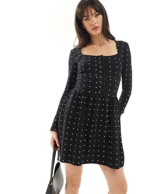 ASOS DESIGN Mini jupe patineuse a manches longues imprime a pois et encolure carree ASOS